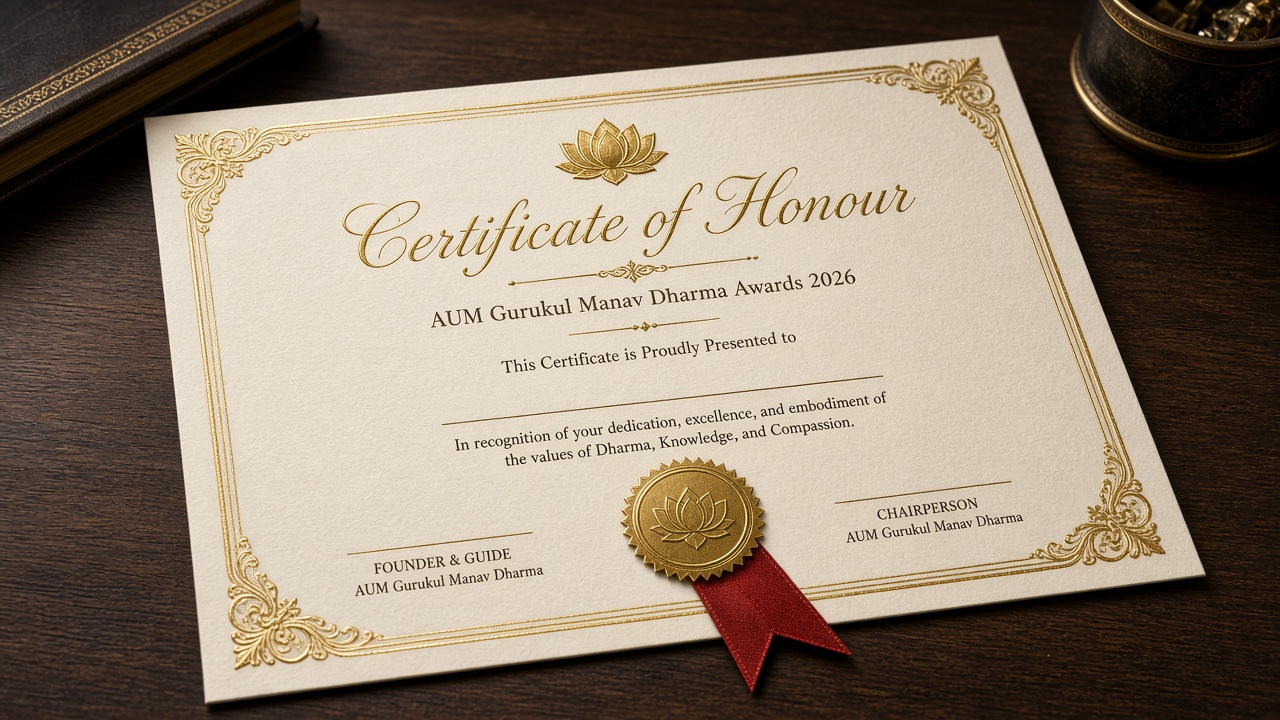 Sample award certificate, AUM Gurukul Manav Dharma Awards 2026